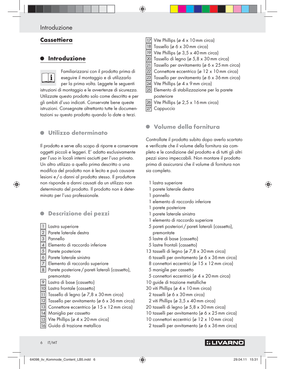 Introduzione, Cassettiera, Utilizzo determinato | Descrizione dei pezzi, Volume della fornitura | Livarno Z30844 User Manual | Page 4 / 22