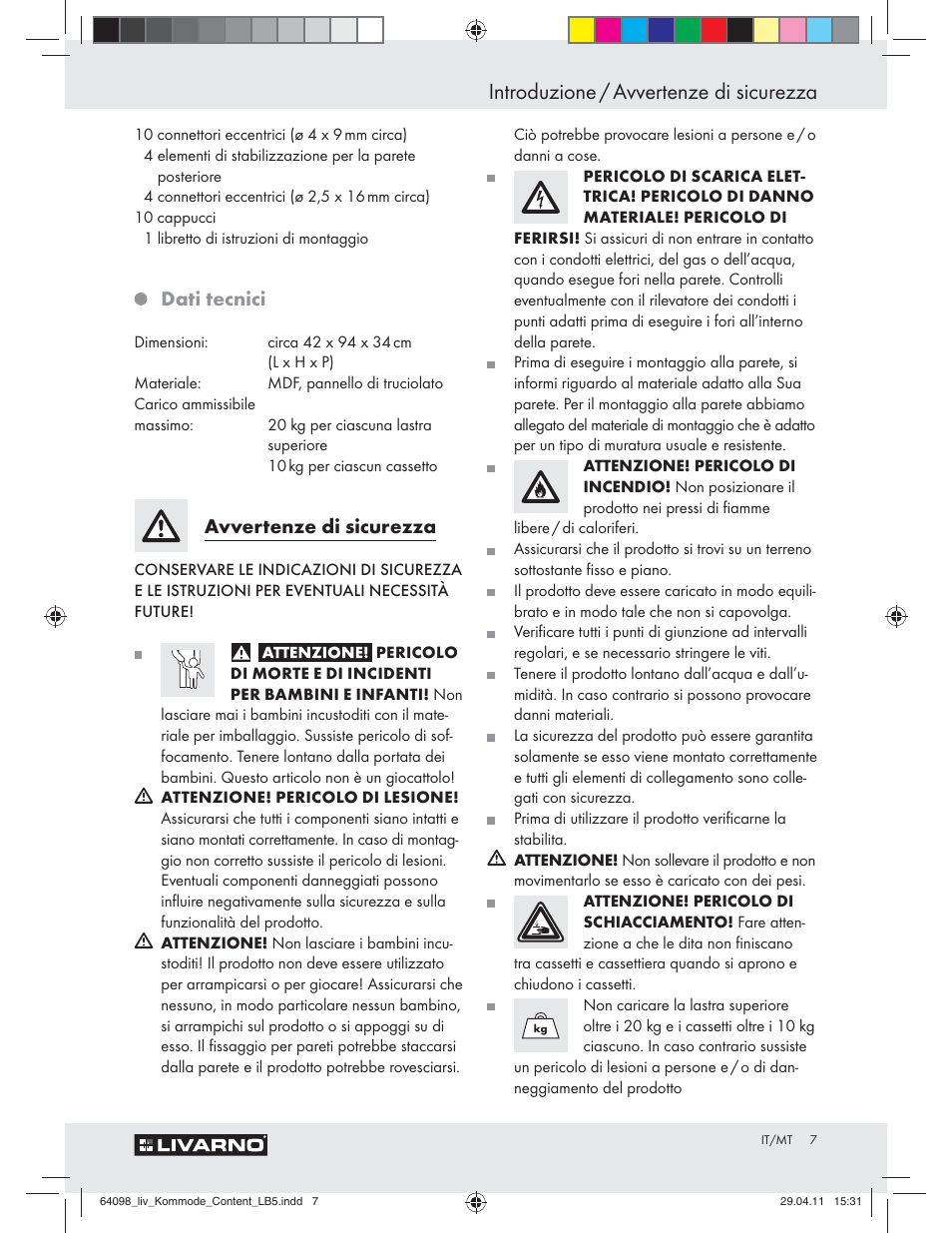 Introduzione / avvertenze di sicurezza, Dati tecnici, Avvertenze di sicurezza | Livarno Z30844 User Manual | Page 5 / 22