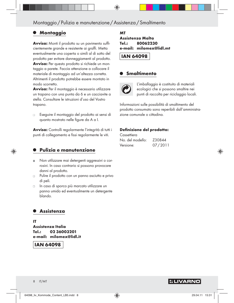 Montaggio, Pulizia e manutenzione, Assistenza | Smaltimento | Livarno Z30844 User Manual | Page 6 / 22