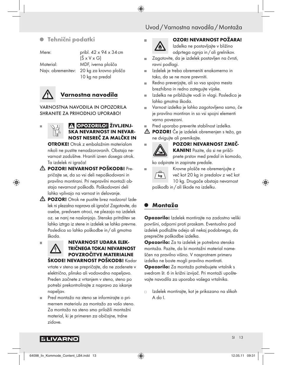 Uvod / varnostna navodila / montaža, Tehnični podatki, Varnostna navodila | Montaža | Livarno Z30844 User Manual | Page 11 / 28