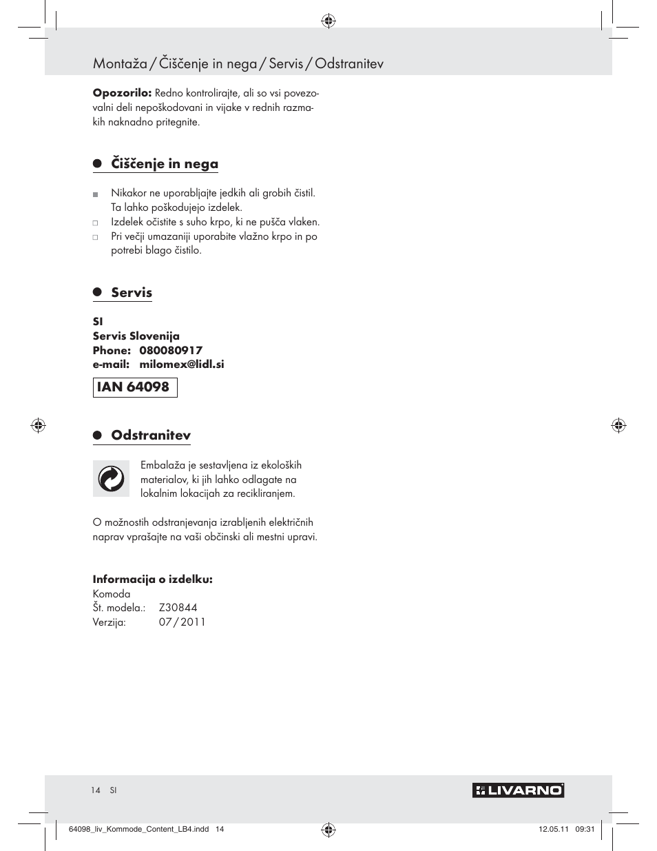 Montaža / čiščenje in nega / servis / odstranitev, Čiščenje in nega, Servis | Livarno Z30844 User Manual | Page 12 / 28