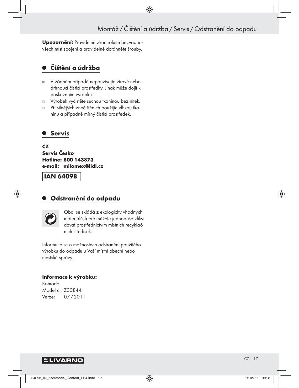 Čištění a údržba, Servis, Odstranění do odpadu | Livarno Z30844 User Manual | Page 15 / 28