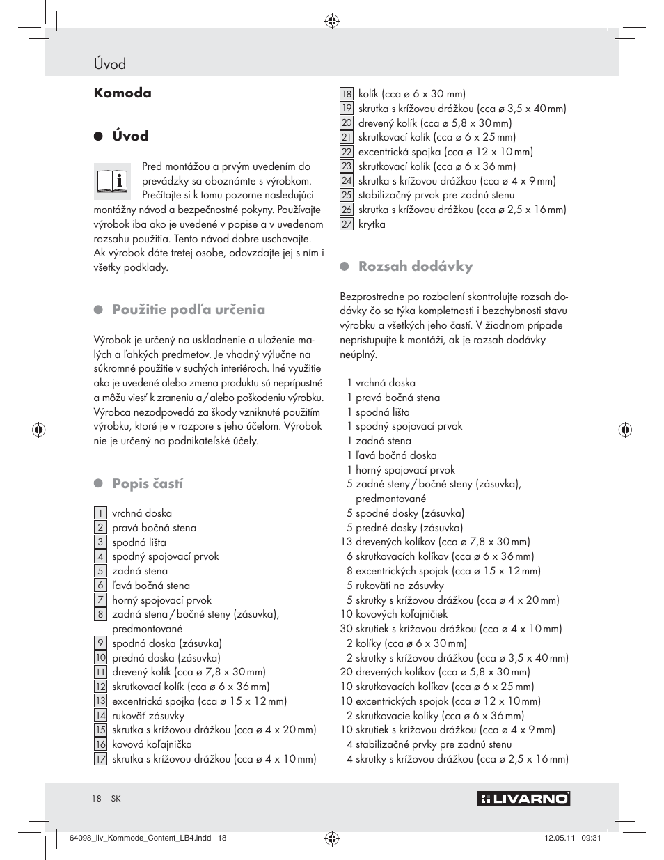 Úvod, Komoda, Použitie podľa určenia | Popis častí, Rozsah dodávky | Livarno Z30844 User Manual | Page 16 / 28