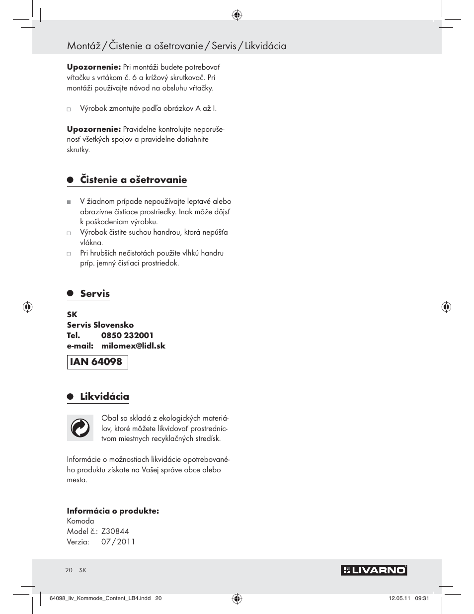 Čistenie a ošetrovanie, Servis | Livarno Z30844 User Manual | Page 18 / 28