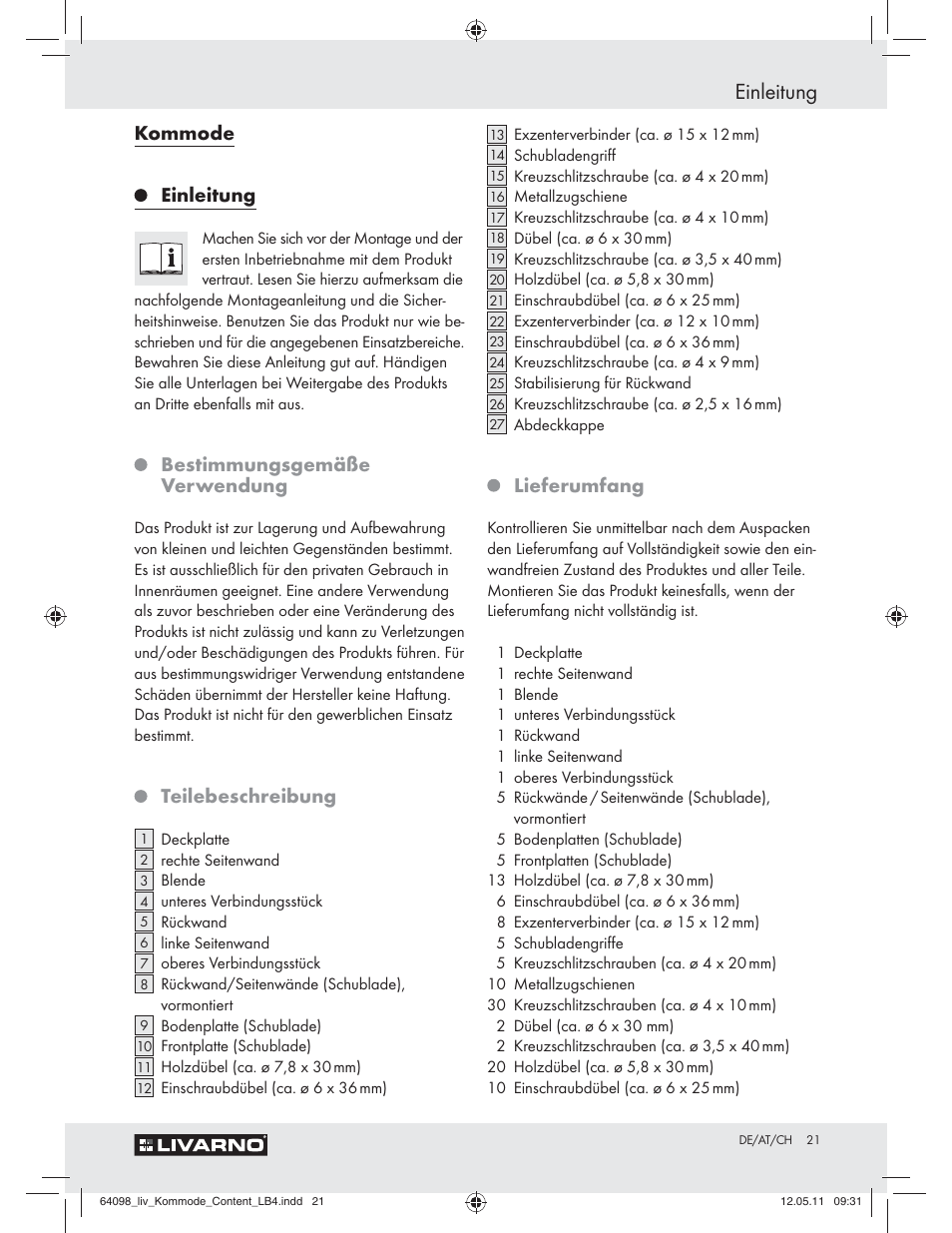 Einleitung, Kommode, Bestimmungsgemäße verwendung | Teilebeschreibung, Lieferumfang | Livarno Z30844 User Manual | Page 19 / 28