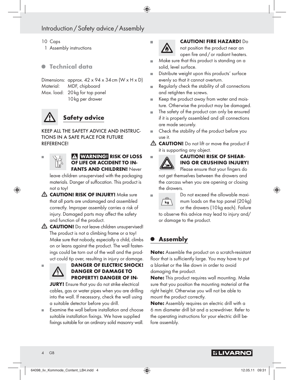 Introduction / safety advice / assembly, Technical data, Safety advice | Assembly | Livarno Z30844 User Manual | Page 2 / 28