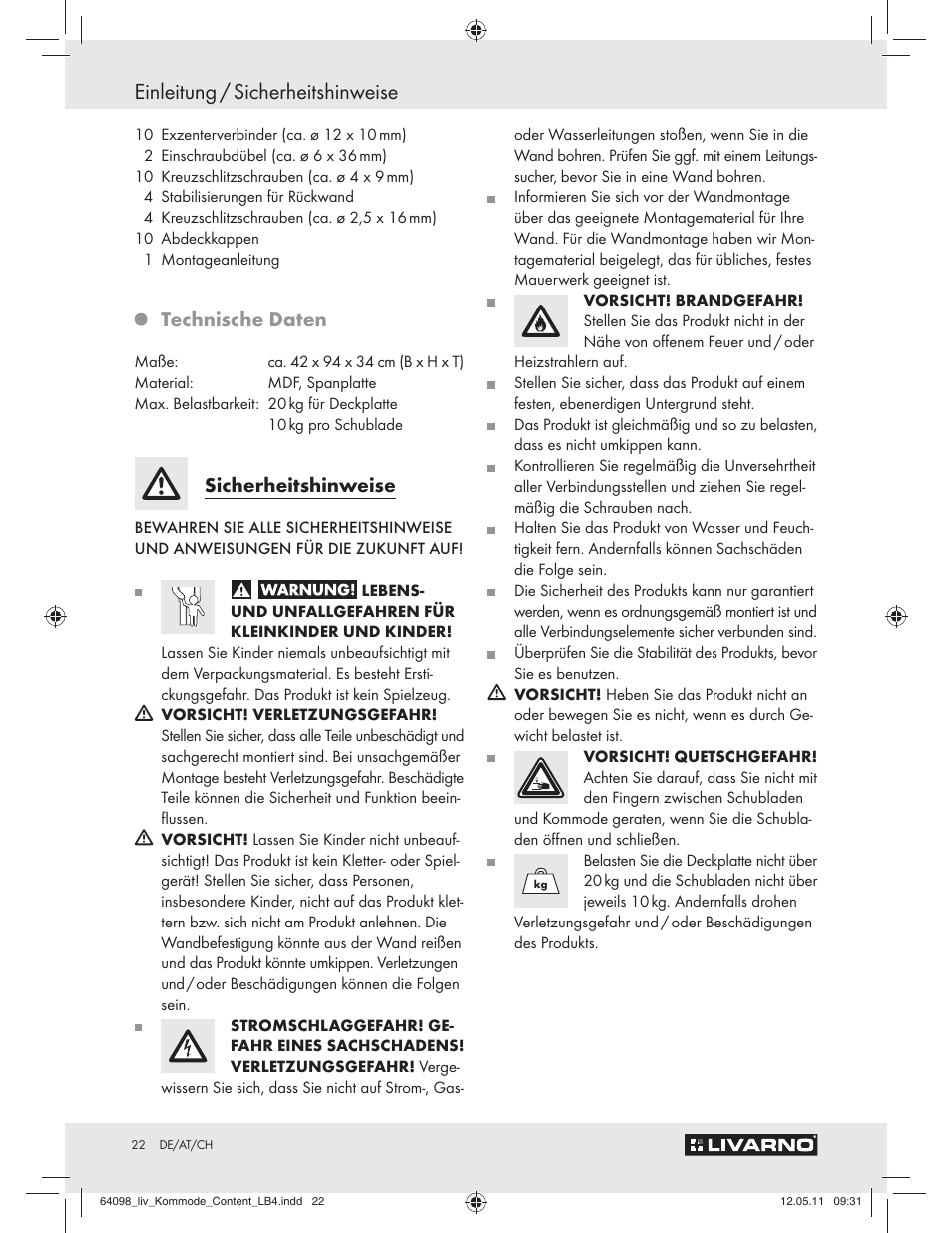 Einleitung / sicherheitshinweise, Technische daten, Sicherheitshinweise | Livarno Z30844 User Manual | Page 20 / 28