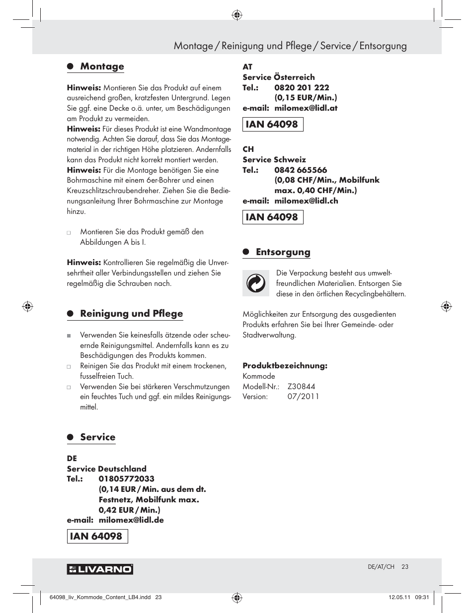 Montage, Reinigung und pﬂege, Service | Entsorgung | Livarno Z30844 User Manual | Page 21 / 28