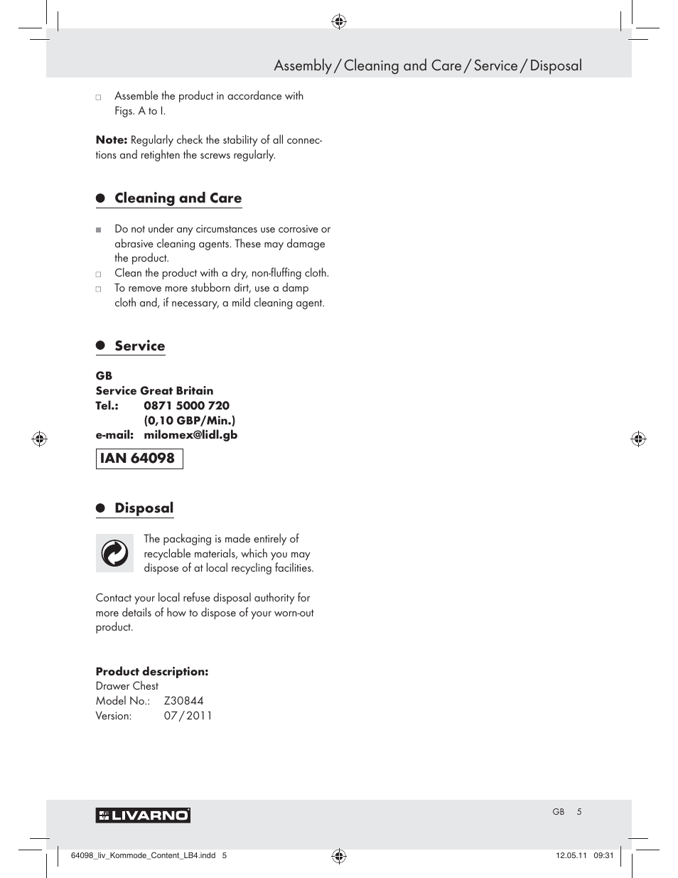 Assembly / cleaning and care / service / disposal, Cleaning and care, Service | Disposal | Livarno Z30844 User Manual | Page 3 / 28