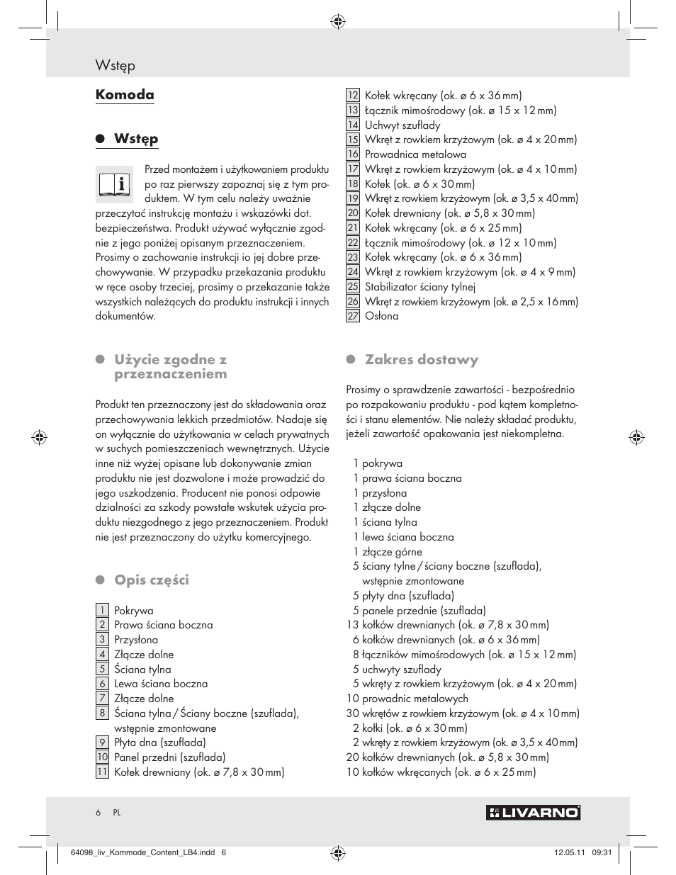 Wstęp, Komoda, Użycie zgodne z przeznaczeniem | Opis części, Zakres dostawy | Livarno Z30844 User Manual | Page 4 / 28