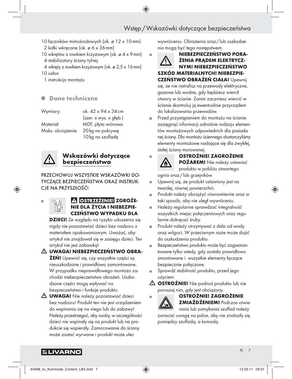 Wstęp / wskazówki dotyczące bezpieczeństwa, Dane techniczne, Wskazówki dotyczące bezpieczeństwa | Livarno Z30844 User Manual | Page 5 / 28