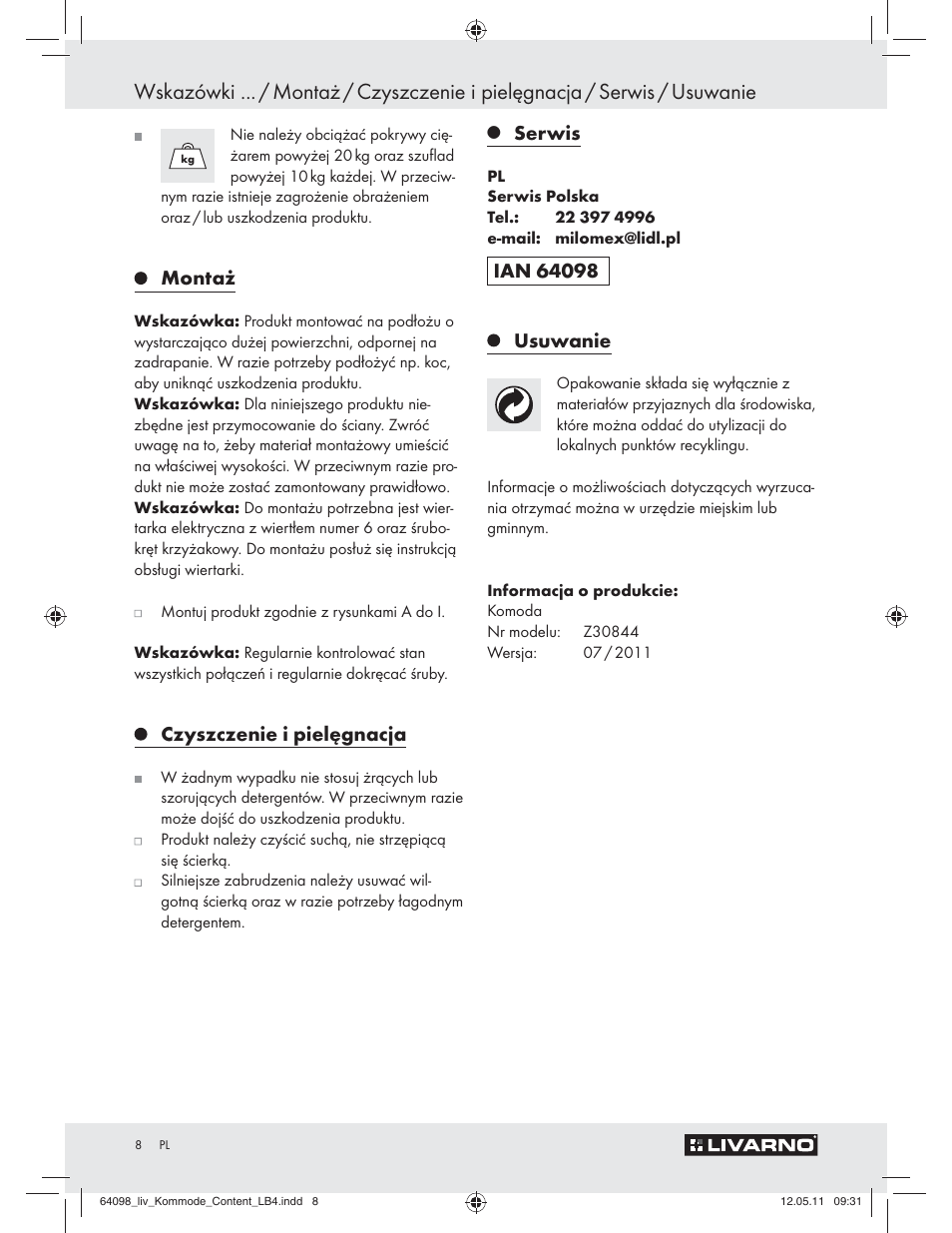 Montaż, Czyszczenie i pielęgnacja, Serwis | Livarno Z30844 User Manual | Page 6 / 28