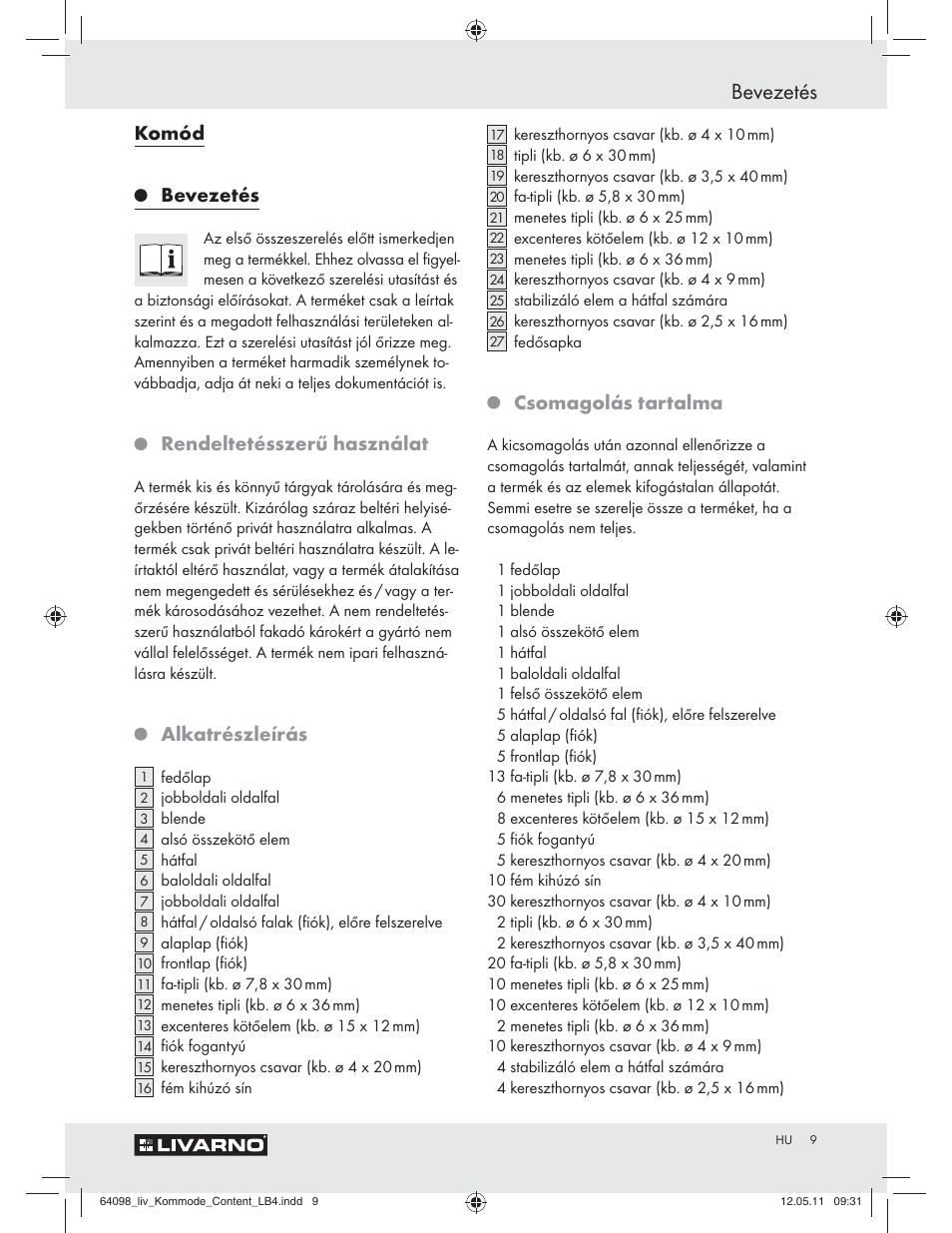 Bevezetés, Komód, Rendeltetésszerű használat | Alkatrészleírás, Csomagolás tartalma | Livarno Z30844 User Manual | Page 7 / 28