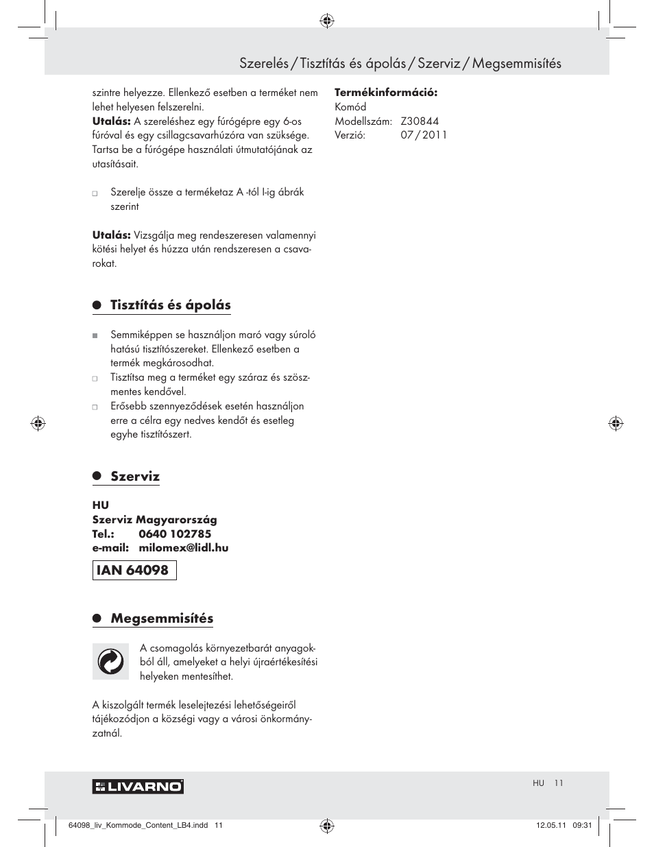 Tisztítás és ápolás, Szerviz | Livarno Z30844 User Manual | Page 9 / 28