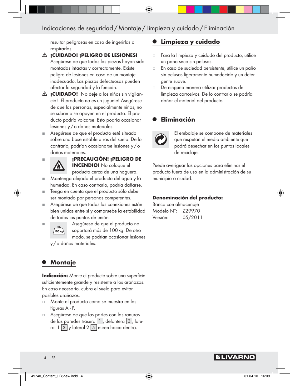 Montaje, Limpieza y cuidado, Eliminación | Livarno Z29970 User Manual | Page 2 / 14