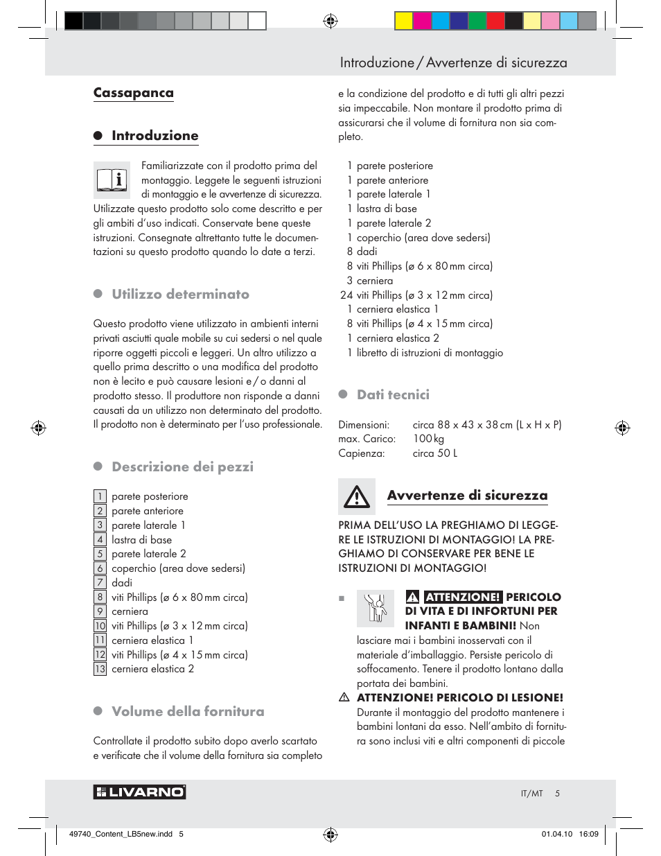 Introduzione / avvertenze di sicurezza, Cassapanca, Introduzione | Utilizzo determinato, Descrizione dei pezzi, Volume della fornitura, Dati tecnici, Avvertenze di sicurezza | Livarno Z29970 User Manual | Page 3 / 14