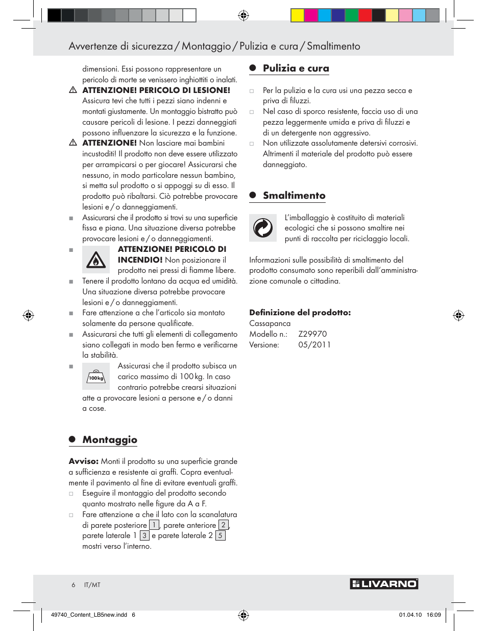 Montaggio, Pulizia e cura, Smaltimento | Livarno Z29970 User Manual | Page 4 / 14