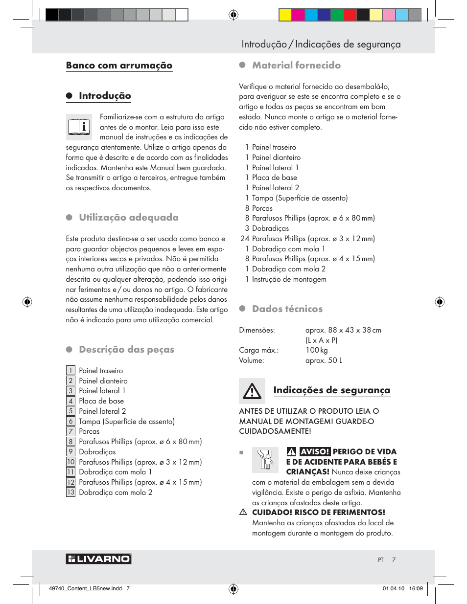 Introdução / indicações de segurança, Banco com arrumação, Introdução | Utilização adequada, Descrição das peças, Material fornecido, Dados técnicos, Indicações de segurança | Livarno Z29970 User Manual | Page 5 / 14