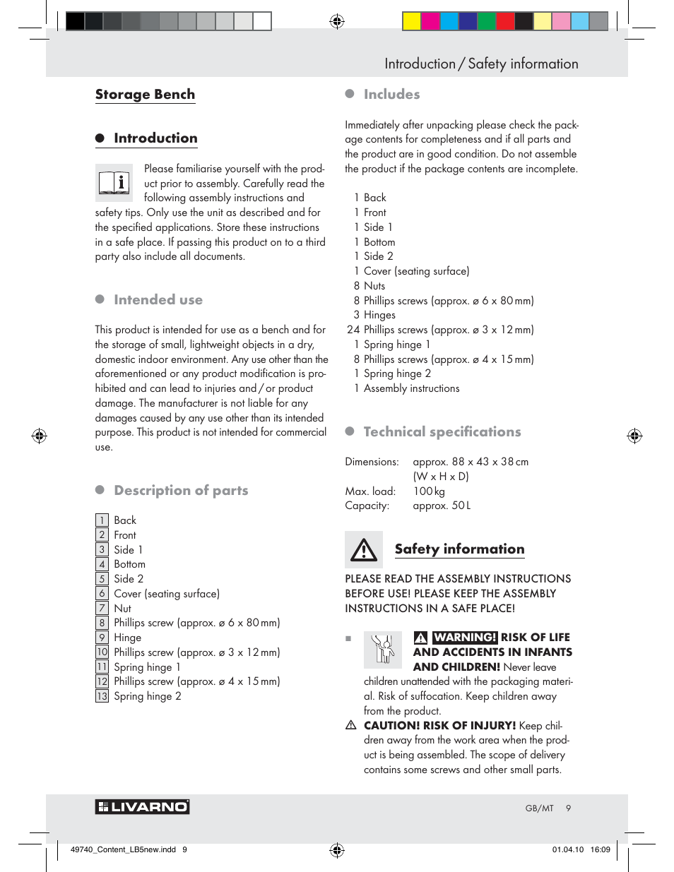 Introduction / safety information, Storage bench, Introduction | Intended use, Description of parts, Includes, Technical speciﬁcations, Safety information | Livarno Z29970 User Manual | Page 7 / 14