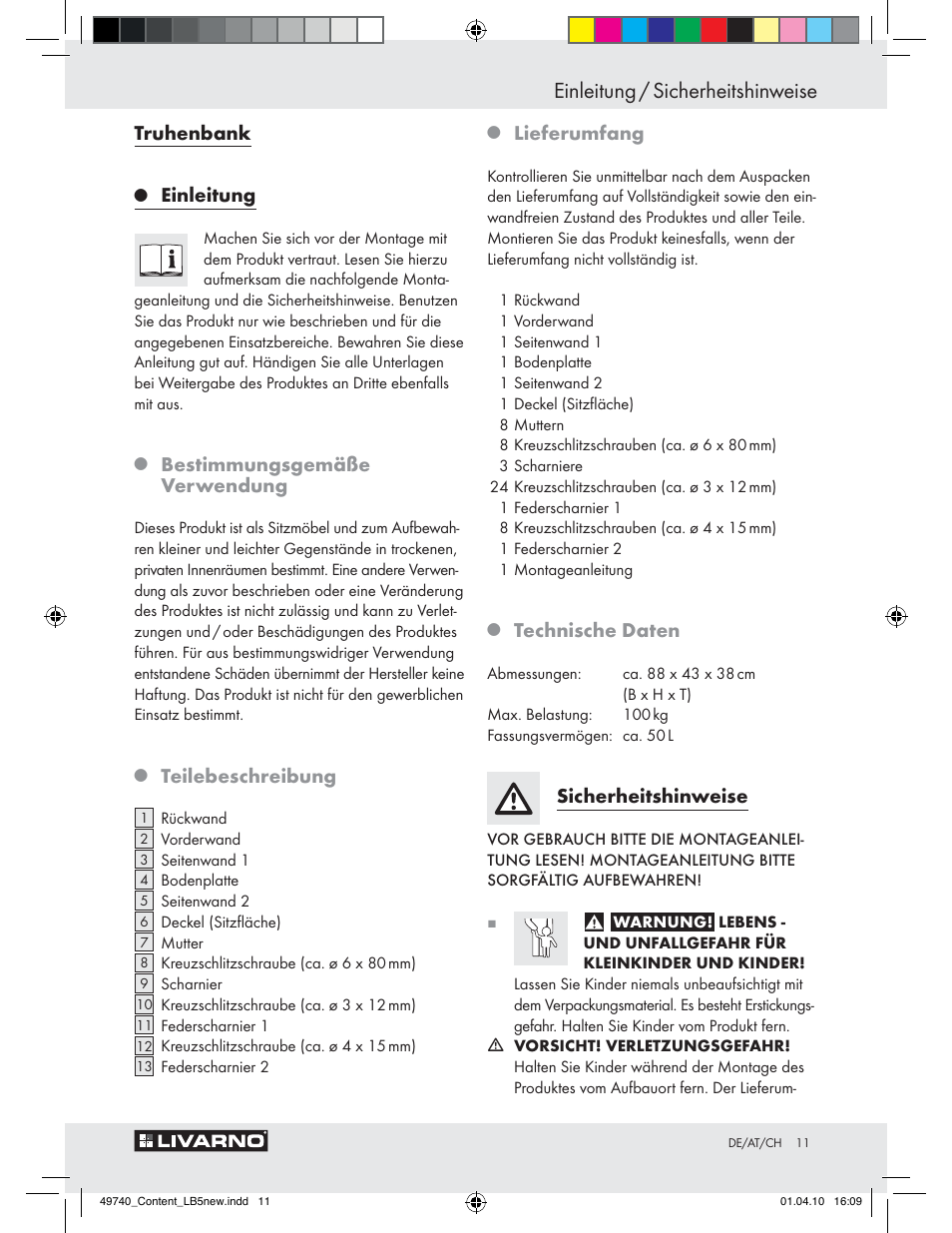 Einleitung / sicherheitshinweise, Truhenbank, Einleitung | Bestimmungsgemäße verwendung, Teilebeschreibung, Lieferumfang, Technische daten, Sicherheitshinweise | Livarno Z29970 User Manual | Page 9 / 14