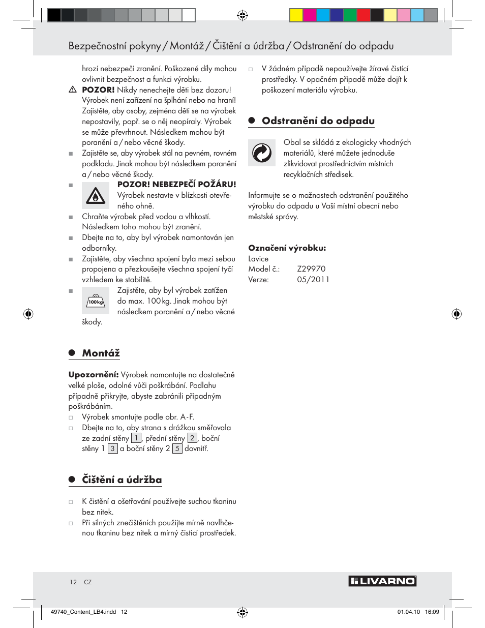 Montáž, Čištění a údržba, Odstranění do odpadu | Livarno Z29970 User Manual | Page 10 / 18