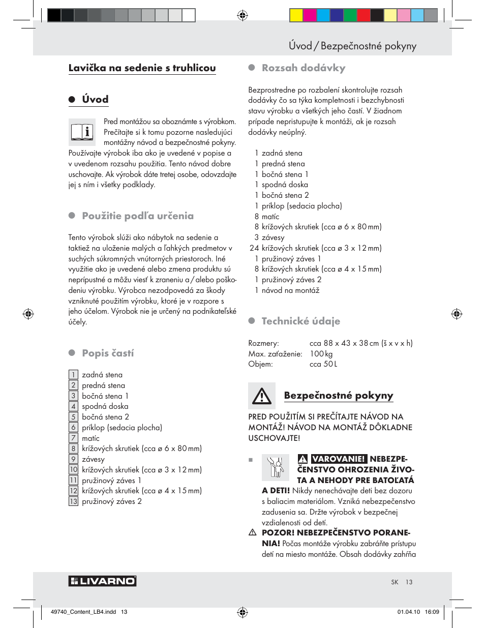 Úvod / bezpečnostné pokyny, Lavička na sedenie s truhlicou, Úvod | Použitie podľa určenia, Popis častí, Rozsah dodávky, Technické údaje, Bezpečnostné pokyny | Livarno Z29970 User Manual | Page 11 / 18