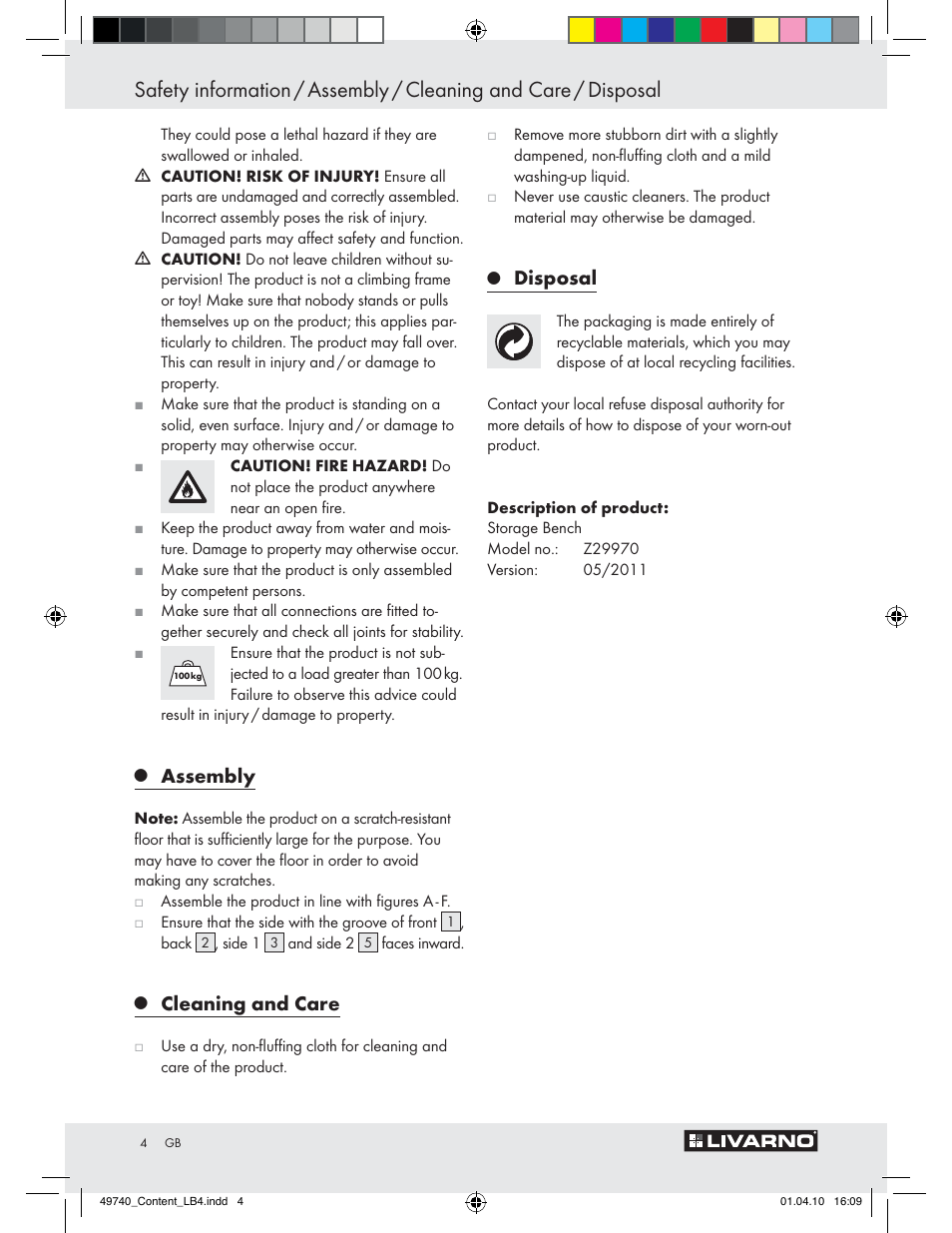 Assembly, Cleaning and care, Disposal | Livarno Z29970 User Manual | Page 2 / 18
