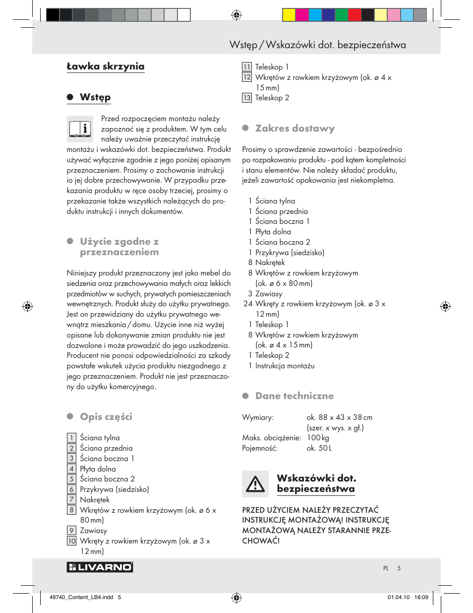 Wstęp / wskazówki dot. bezpieczeństwa, Ławka skrzynia, Wstęp | Użycie zgodne z przeznaczeniem, Opis części, Zakres dostawy, Dane techniczne, Wskazówki dot. bezpieczeństwa | Livarno Z29970 User Manual | Page 3 / 18