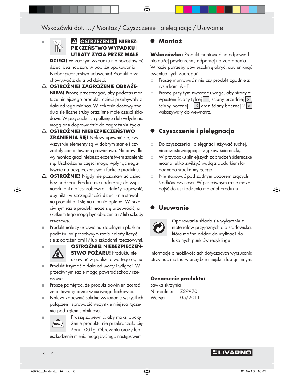 Montaż, Czyszczenie i pielęgnacja, Usuwanie | Livarno Z29970 User Manual | Page 4 / 18