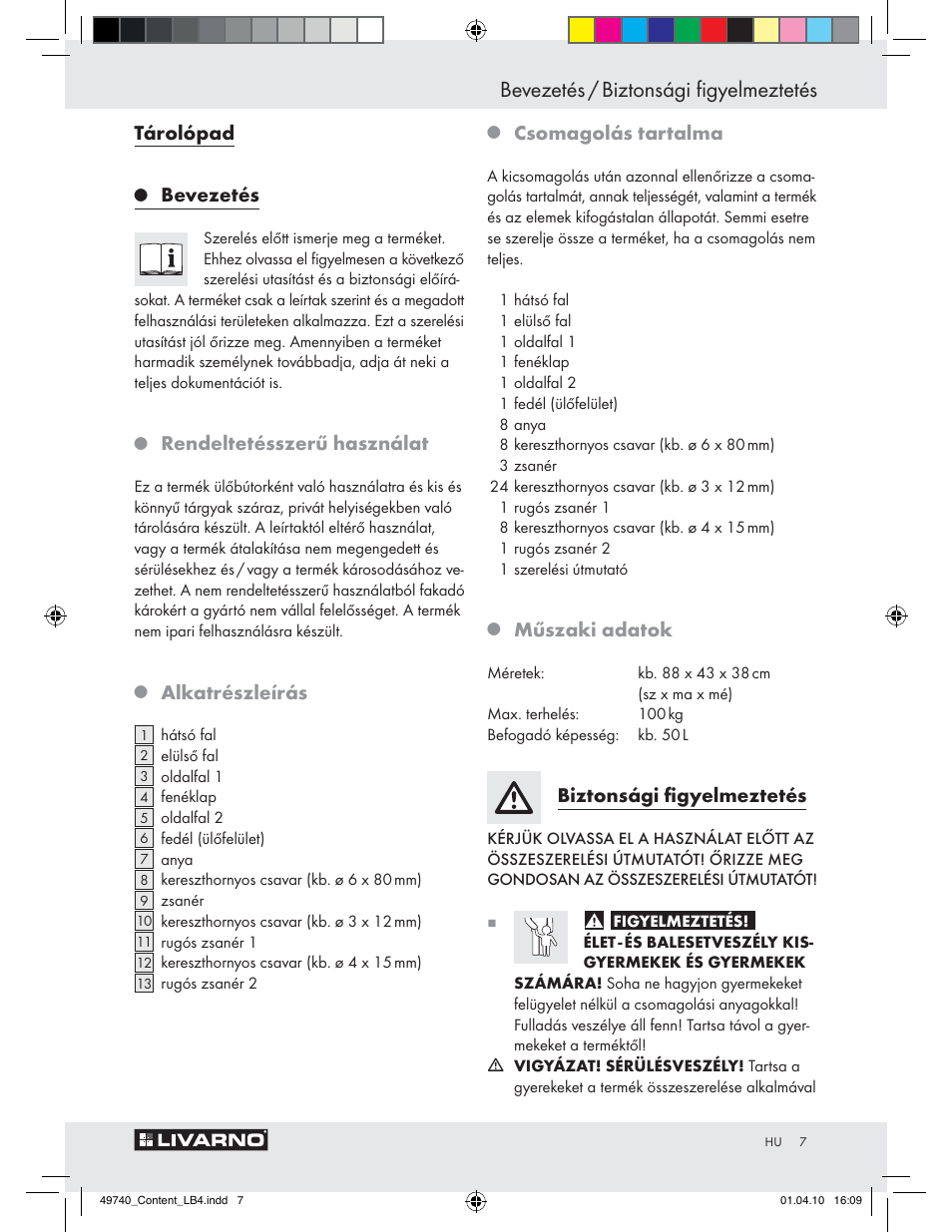 Bevezetés / biztonsági ﬁgyelmeztetés, Tárolópad, Bevezetés | Rendeltetésszerű használat, Alkatrészleírás, Csomagolás tartalma, Műszaki adatok, Biztonsági ﬁgyelmeztetés | Livarno Z29970 User Manual | Page 5 / 18