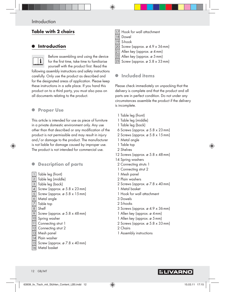Introduction, Table with 2 chairs, Proper use | Description of parts, Included items | Livarno Z30842 User Manual | Page 10 / 18