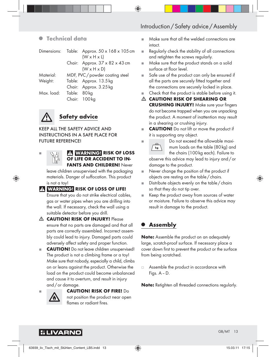Introduction / safety advice / assembly, Technical data, Safety advice | Assembly | Livarno Z30842 User Manual | Page 11 / 18