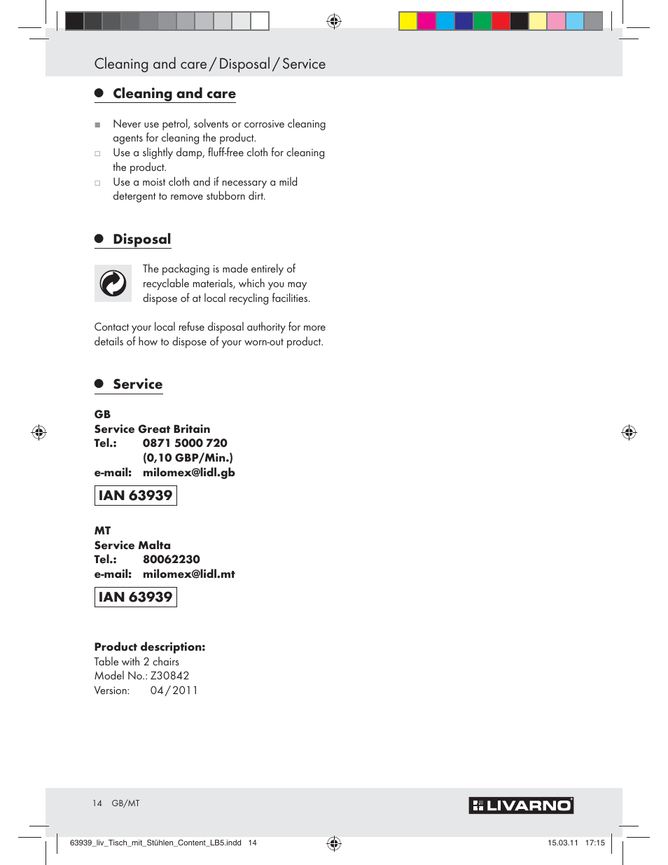 Cleaning and care / disposal / service, Cleaning and care, Disposal | Service | Livarno Z30842 User Manual | Page 12 / 18