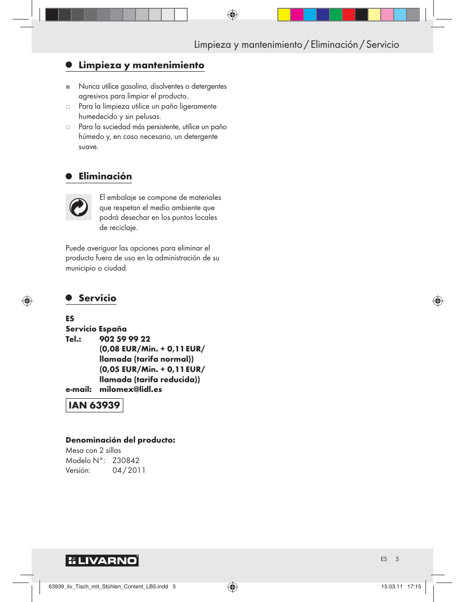 Limpieza y mantenimiento / eliminación / servicio, Limpieza y mantenimiento, Eliminación | Servicio | Livarno Z30842 User Manual | Page 3 / 18