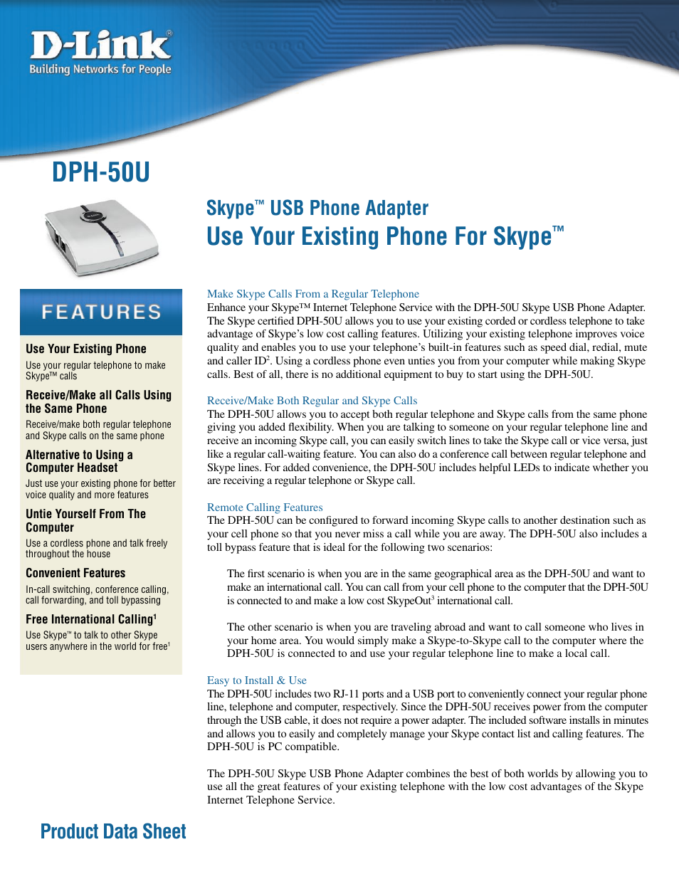 D-Link SKYPE DPH-50U User Manual | 2 pages