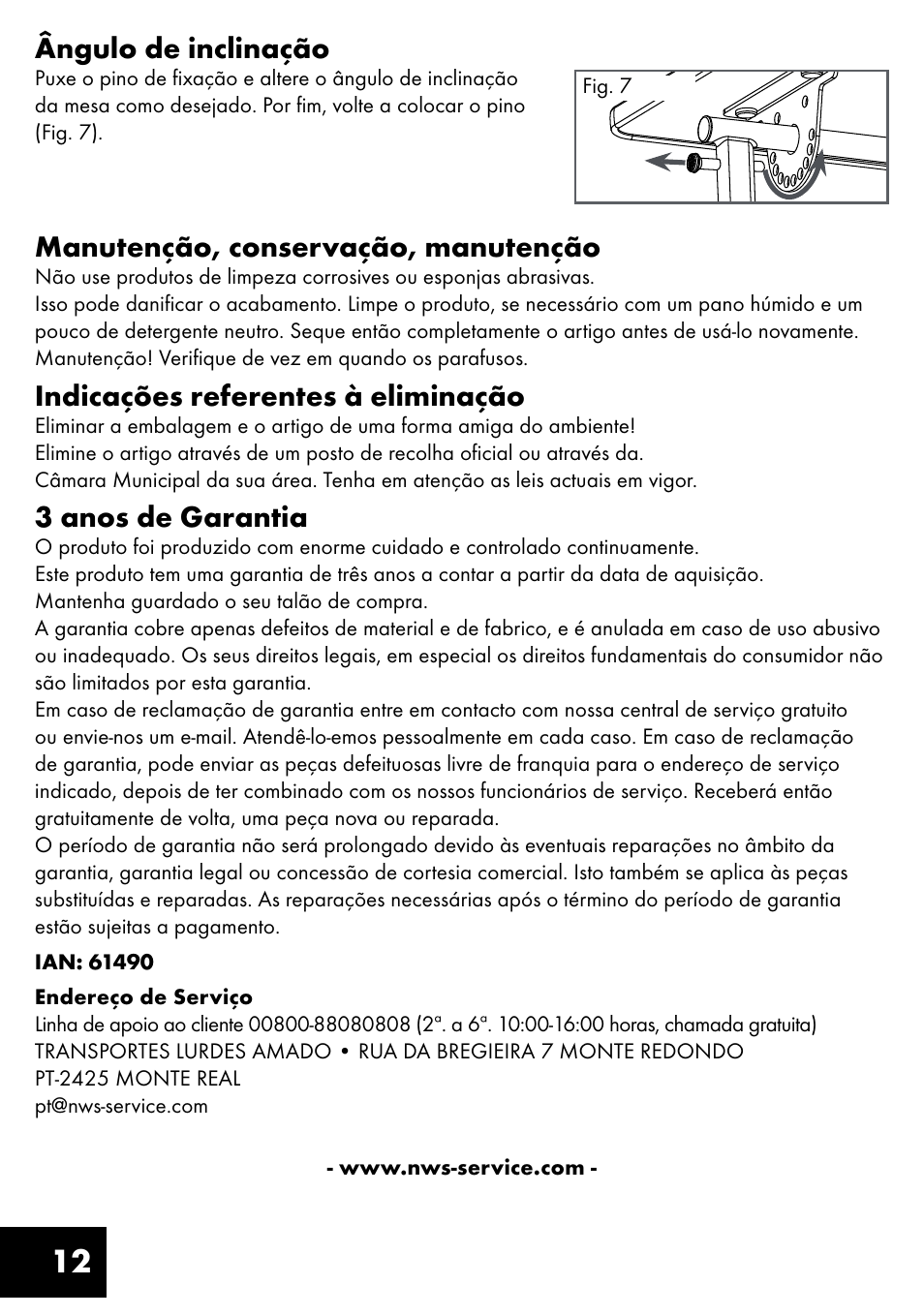 12 ângulo de inclinação, Manutenção, conservação, manutenção, Indicações referentes à eliminação | 3 anos de garantia | Livarno KT-1410 User Manual | Page 12 / 20