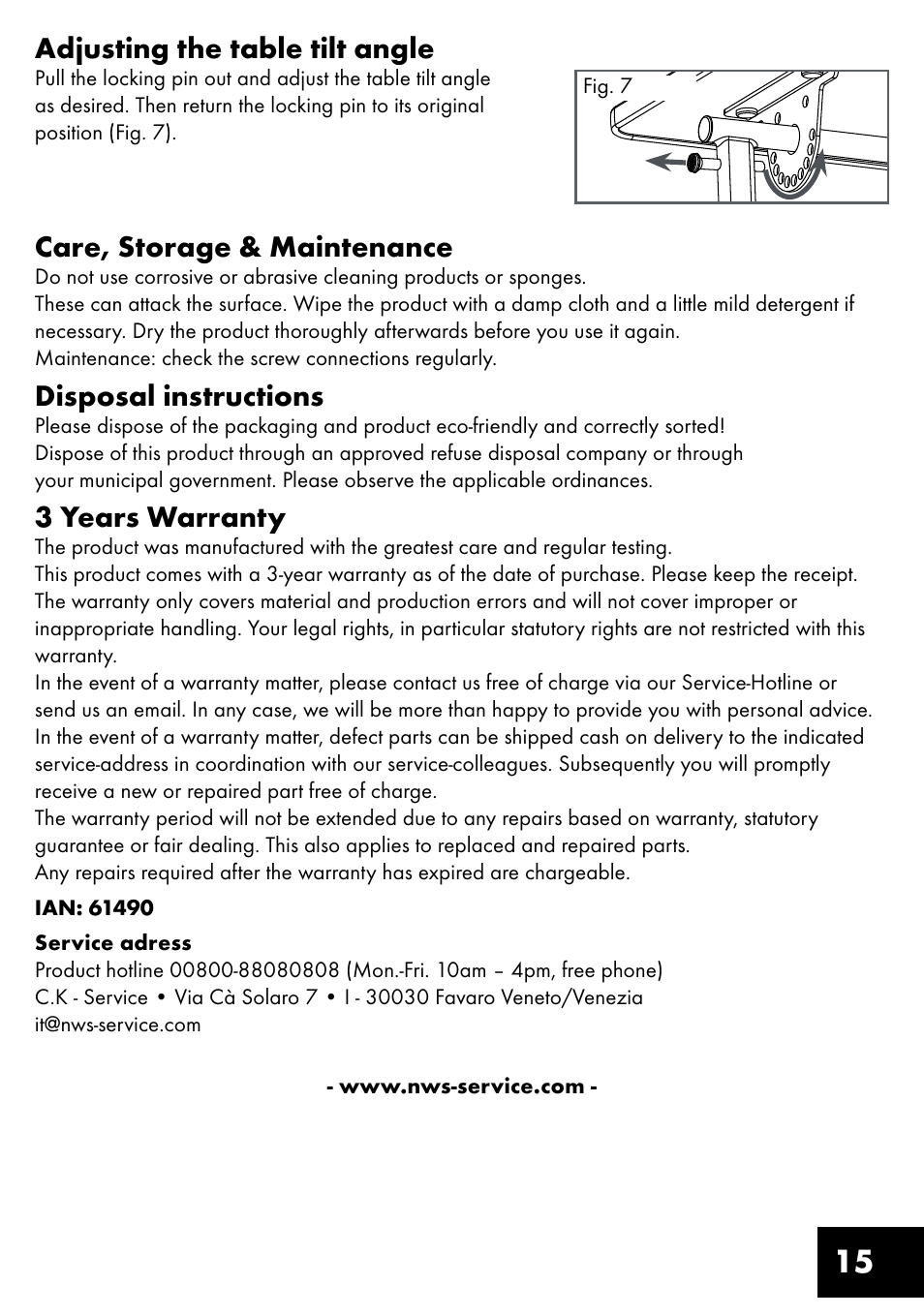 15 adjusting the table tilt angle, Care, storage & maintenance, Disposal instructions | 3 years warranty | Livarno KT-1410 User Manual | Page 15 / 20