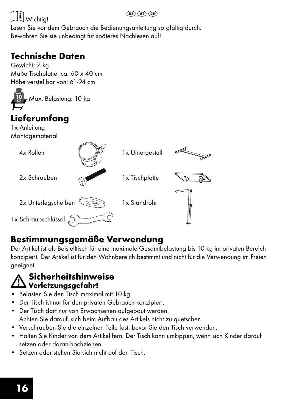 Technische daten, Lieferumfang, Bestimmungsgemäße verwendung | Sicherheitshinweise | Livarno KT-1410 User Manual | Page 16 / 20