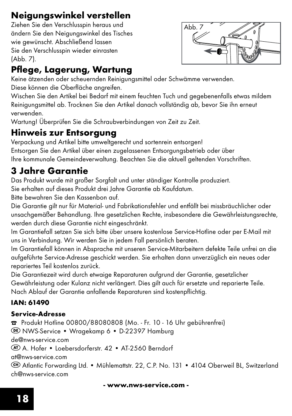 18 neigungswinkel verstellen, Pﬂege, lagerung, wartung, Hinweis zur entsorgung | 3 jahre garantie | Livarno KT-1410 User Manual | Page 18 / 20