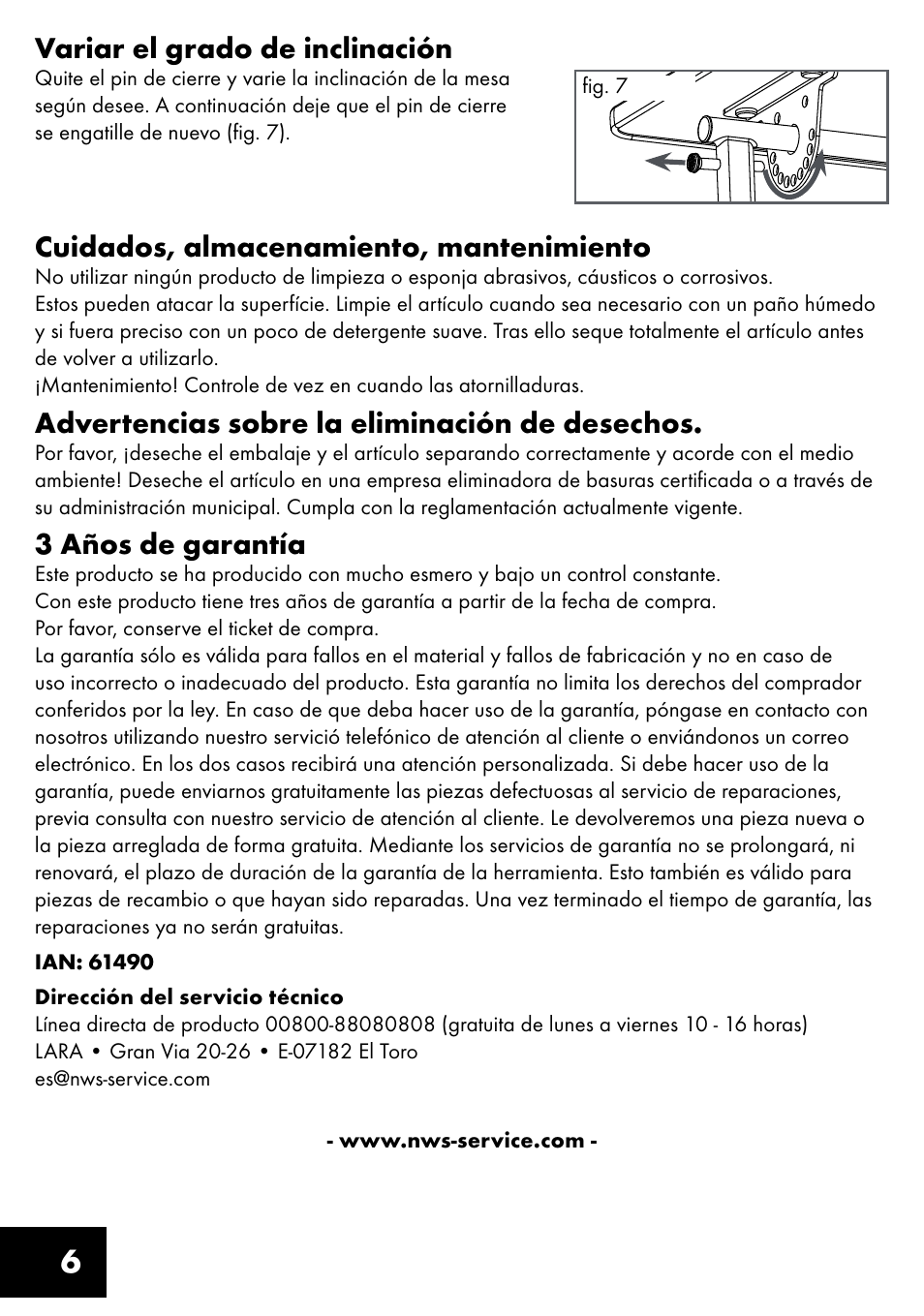 6variar el grado de inclinación, Cuidados, almacenamiento, mantenimiento, Advertencias sobre la eliminación de desechos | 3 años de garantía | Livarno KT-1410 User Manual | Page 6 / 20