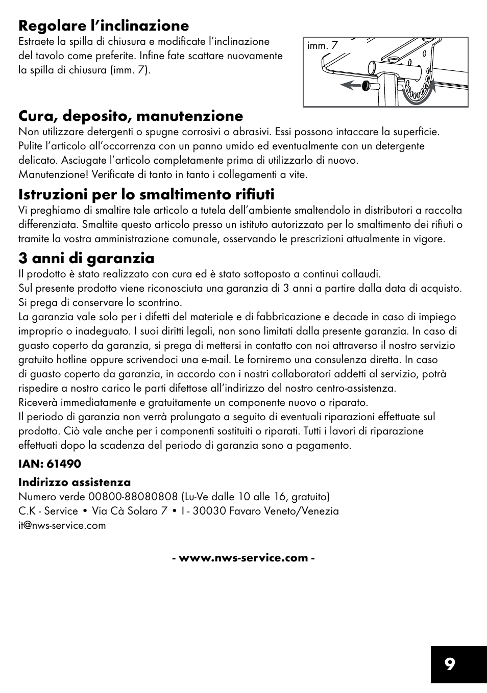 9regolare l’inclinazione, Cura, deposito, manutenzione, Istruzioni per lo smaltimento riﬁuti | 3 anni di garanzia | Livarno KT-1410 User Manual | Page 9 / 20