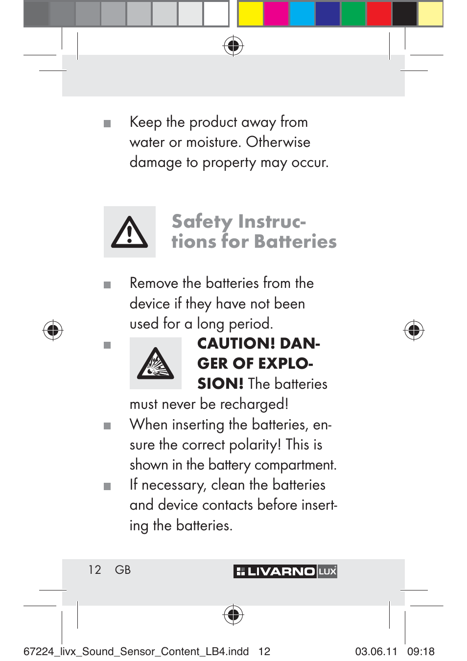 Safety instruc- tions for batteries | Livarno Z30425 A User Manual | Page 10 / 129
