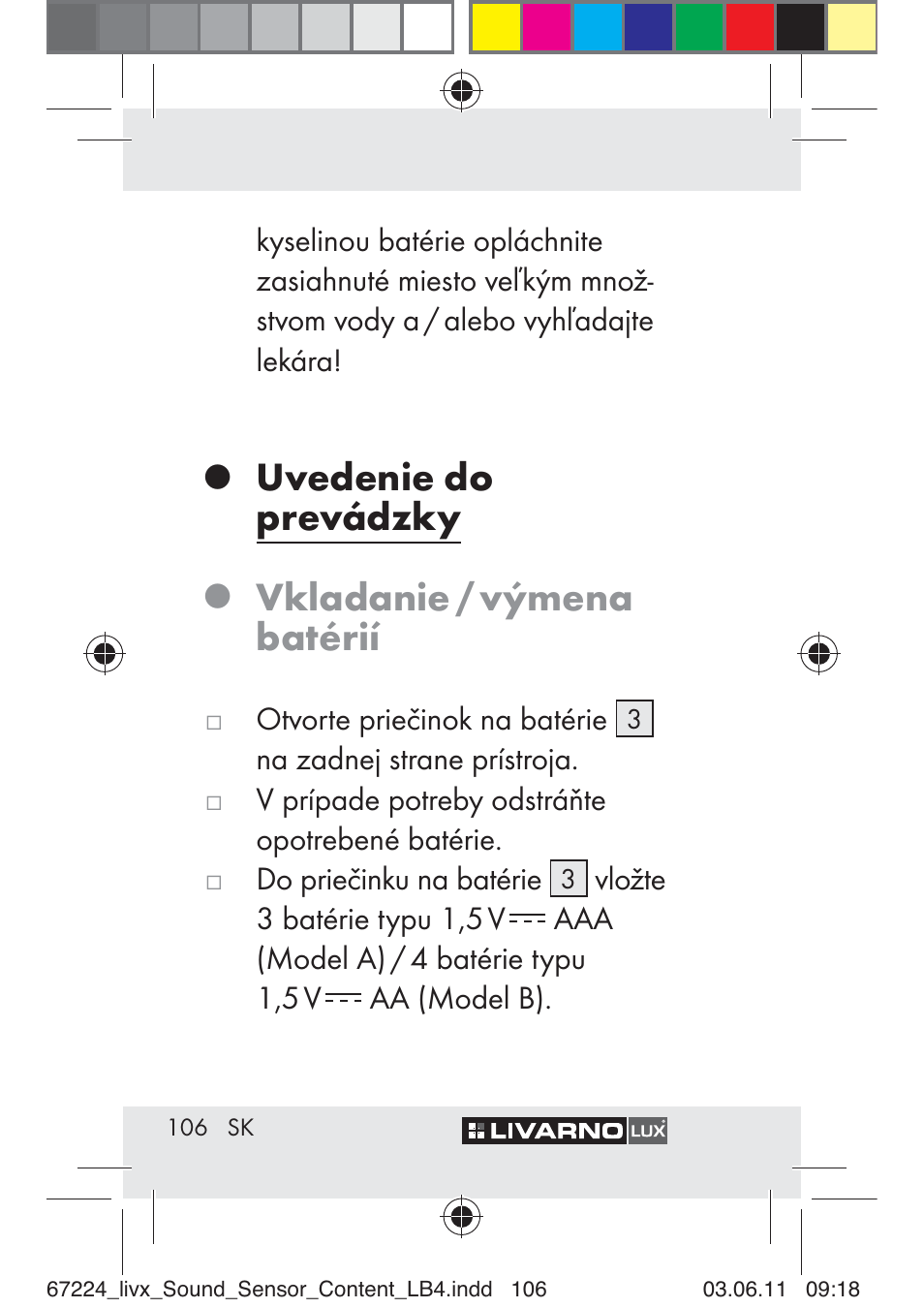 Uvedenie do prevádzky, Vkladanie / výmena batérií | Livarno Z30425 A User Manual | Page 104 / 129