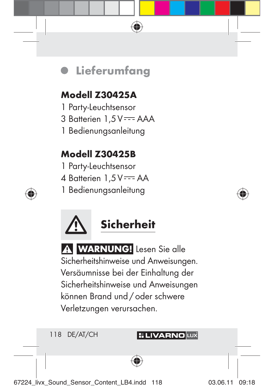 Lieferumfang, Sicherheit | Livarno Z30425 A User Manual | Page 116 / 129