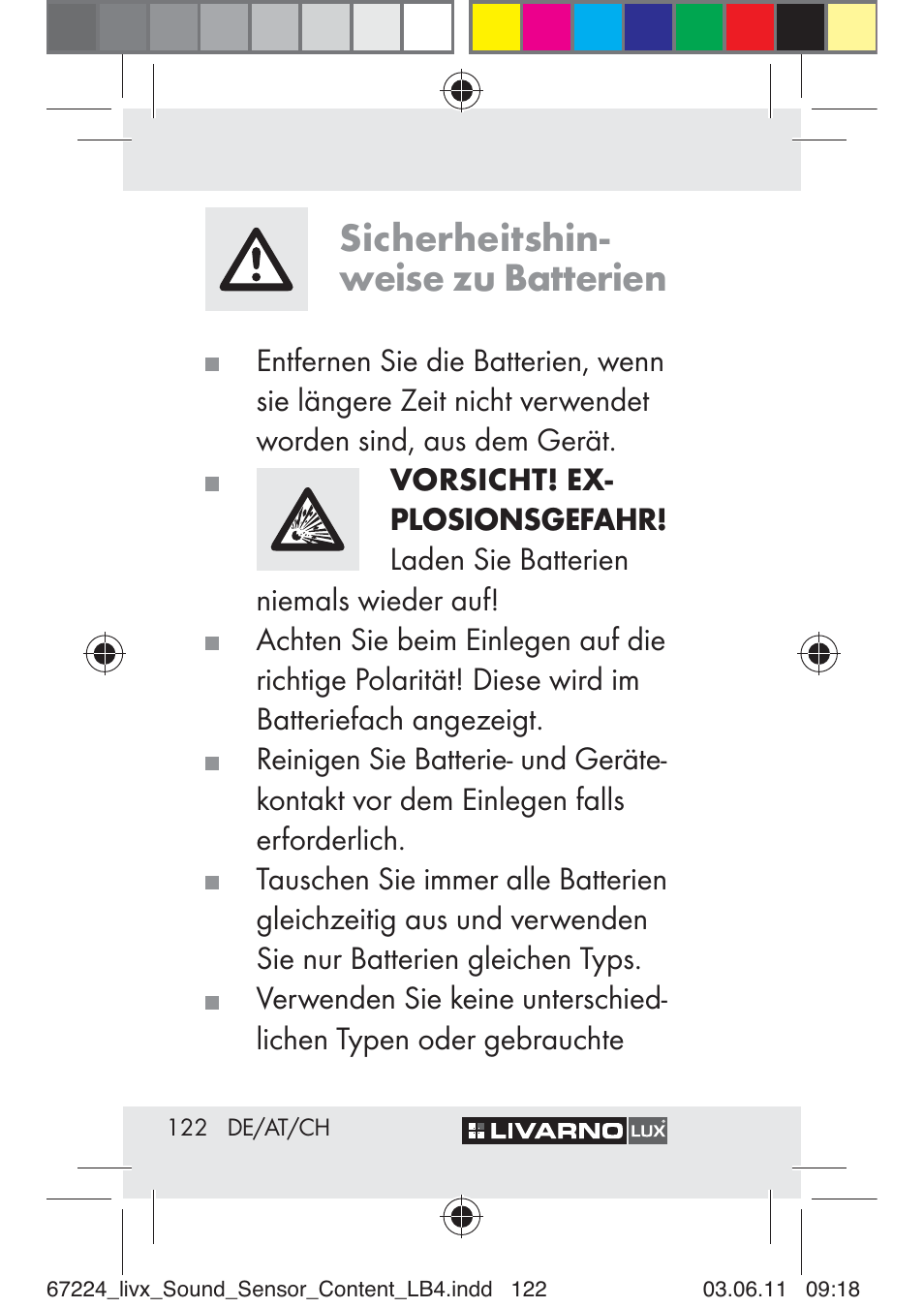 Sicherheitshin- weise zu batterien | Livarno Z30425 A User Manual | Page 120 / 129