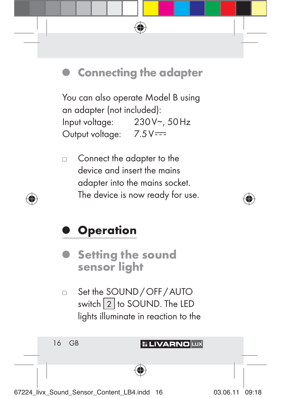 Connecting the adapter, Operation setting the sound sensor light | Livarno Z30425 A User Manual | Page 14 / 129