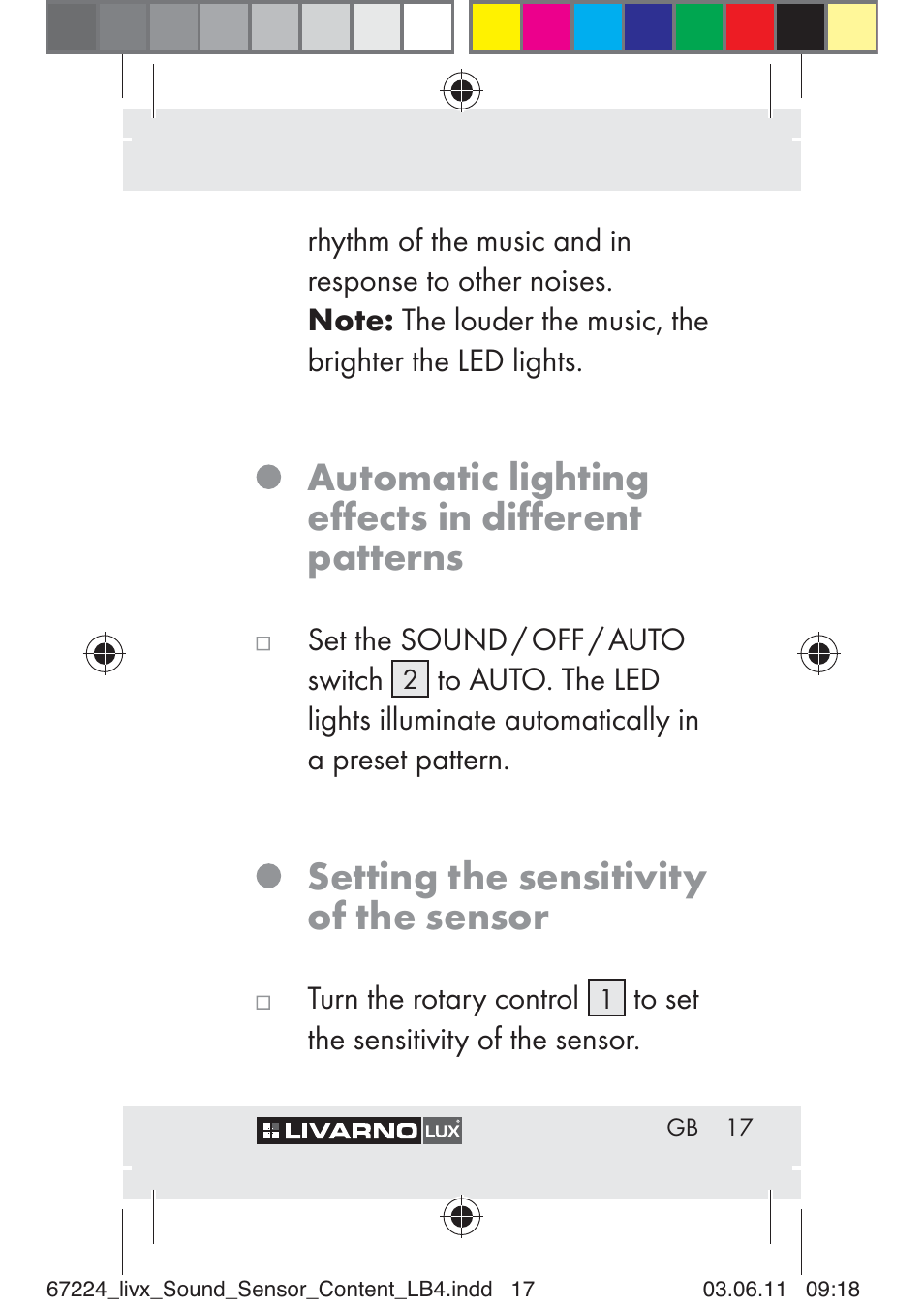 Automatic lighting eﬀects in diﬀerent patterns, Setting the sensitivity of the sensor | Livarno Z30425 A User Manual | Page 15 / 129