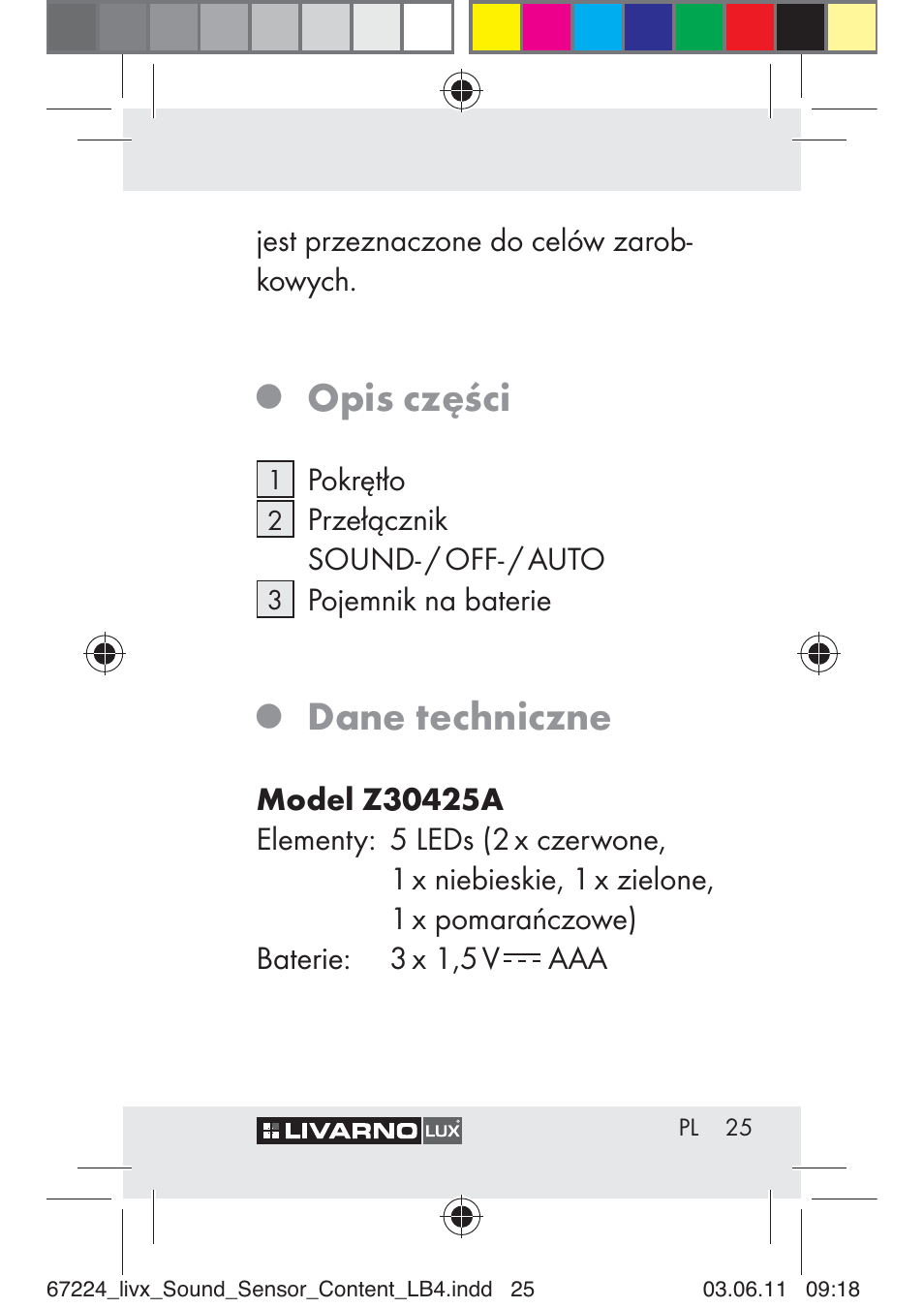 Opis części, Dane techniczne | Livarno Z30425 A User Manual | Page 23 / 129