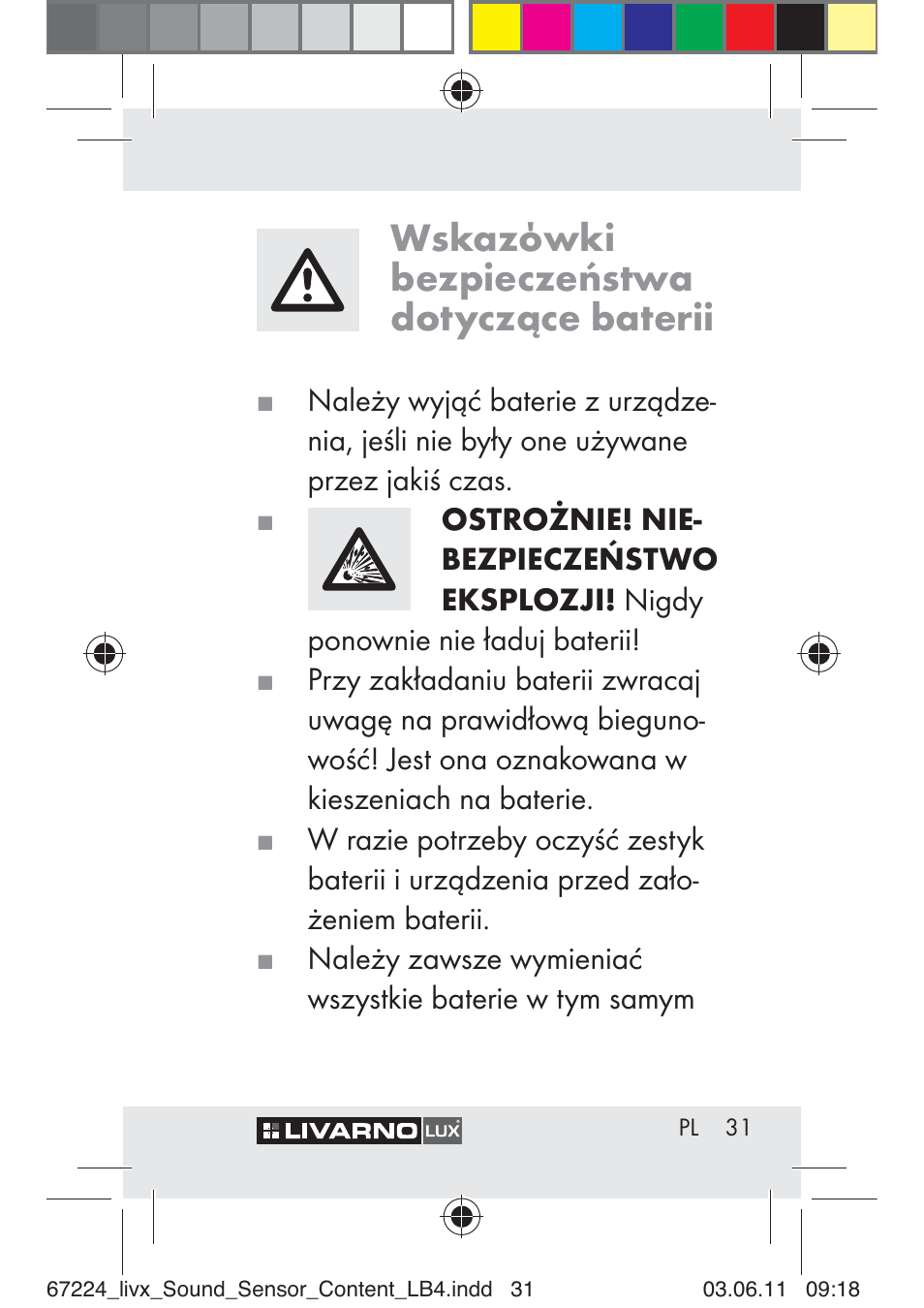 Wskazόwki bezpieczeństwa dotyczące baterii | Livarno Z30425 A User Manual | Page 29 / 129