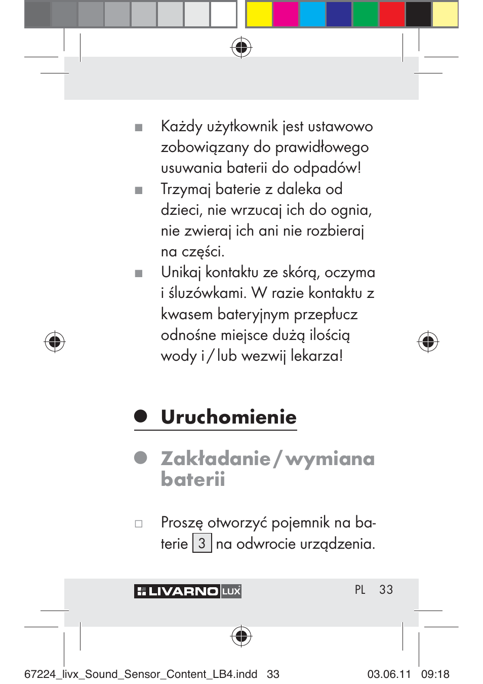 Uruchomienie, Zakładanie / wymiana baterii | Livarno Z30425 A User Manual | Page 31 / 129